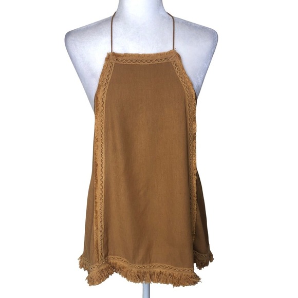 J.O.A. Brown Medium Halter Top Sleeveless Fringe Bohemian Festival Festival - Picture 1 of 16